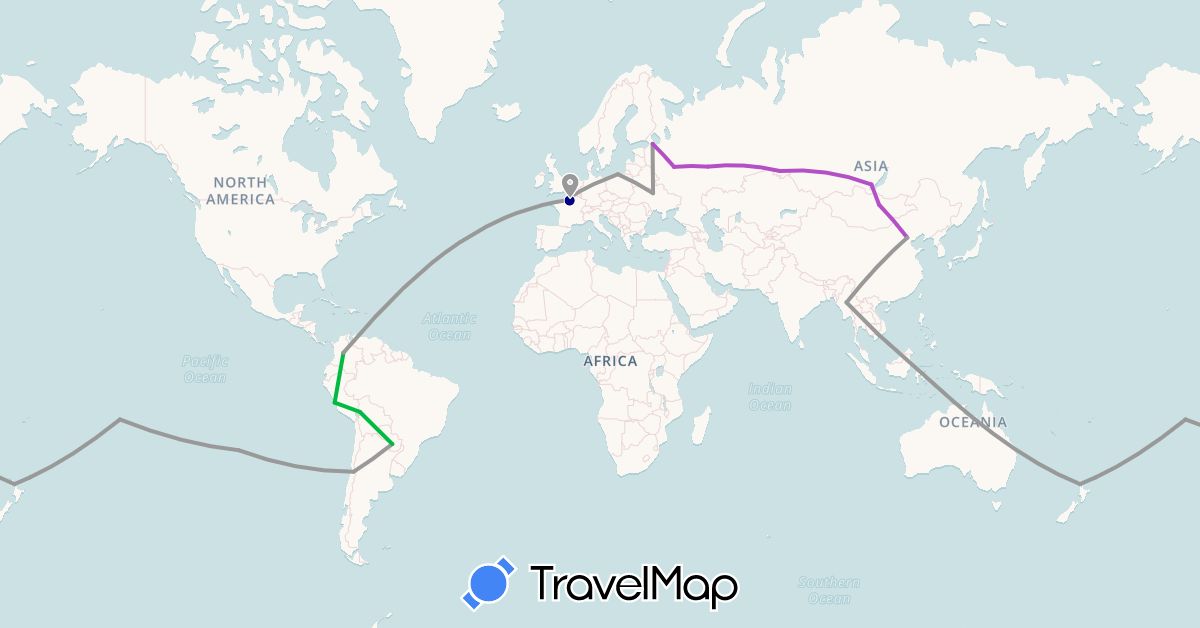 TravelMap itinerary: driving, bus, plane, train in Bolivia, Chile, China, Colombia, France, Myanmar (Burma), Mongolia, New Zealand, Peru, French Polynesia, Poland, Paraguay, Russia, Ukraine, Vietnam (Asia, Europe, Oceania, South America)